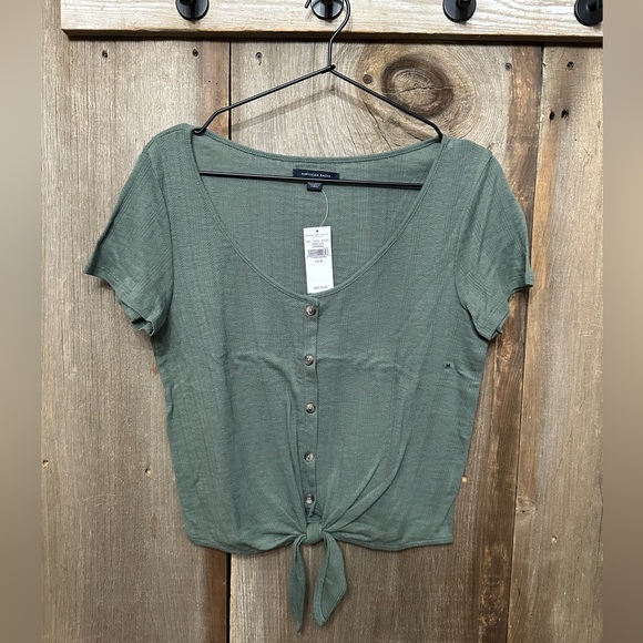 American Eagle Outfitters Tops - American Eagle Pointelle Button Front Tie Knot T-Shirt in Green Size Medium